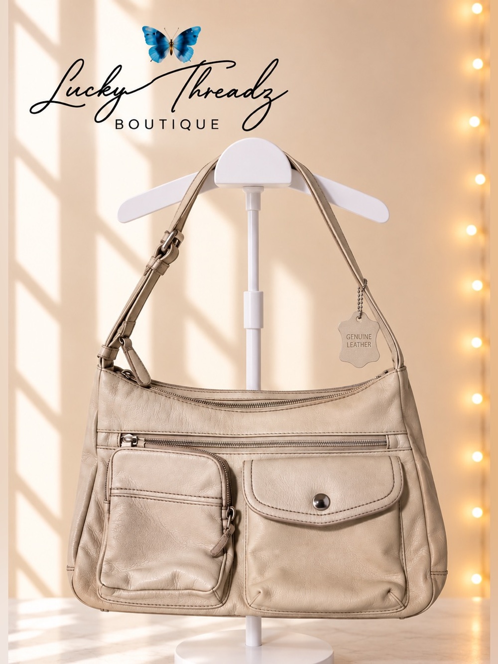Vintage Cream Genuine Leather Multi Pocket Y2K Utility Cargo Shoulder Bag